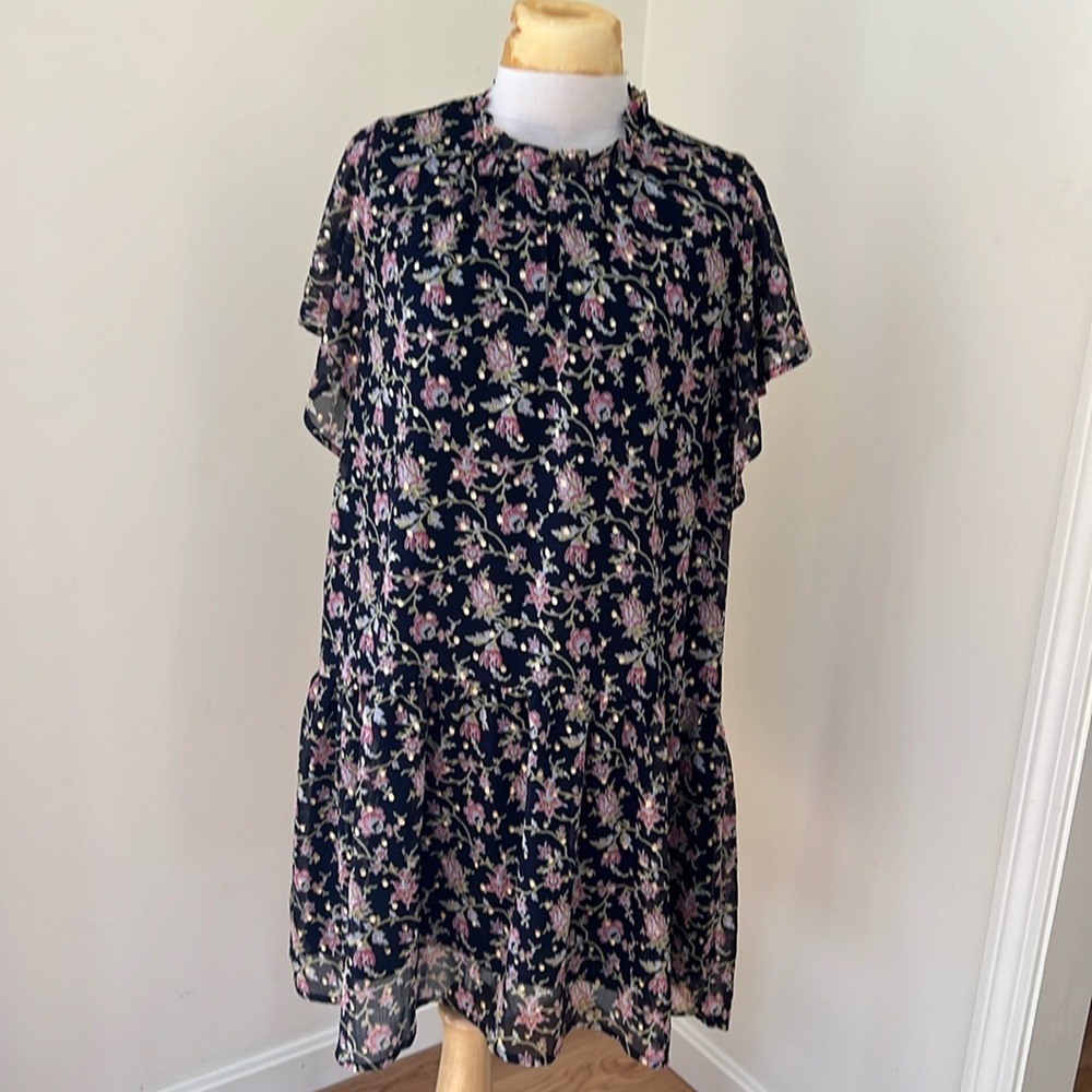 New ! Loft black floral with gold ruffled flutter sleeve dress.